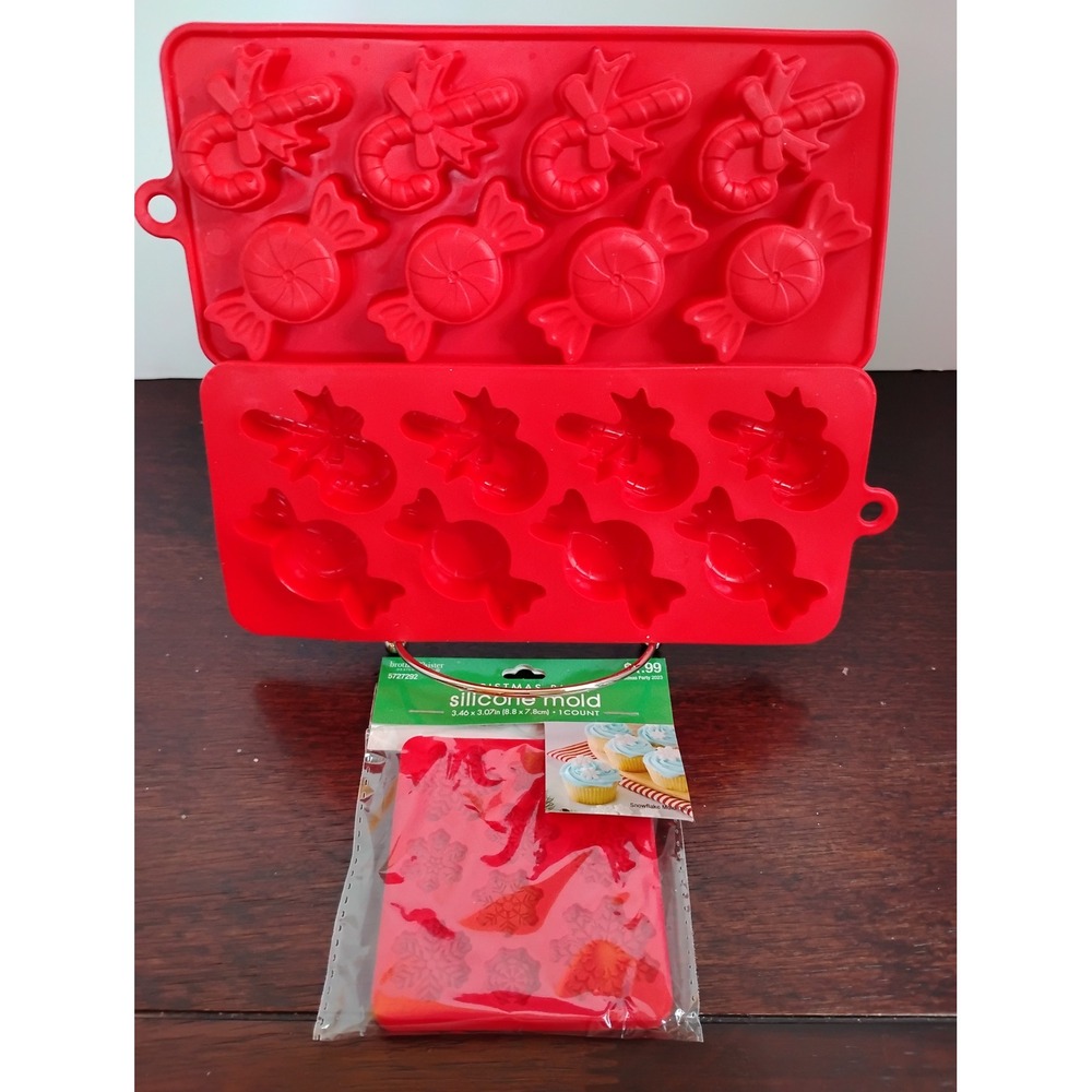 Red Christmas Silicone Candy Molds Peppermint Candy Cane Snowflake Set of 3